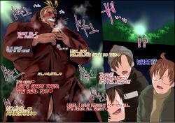4boys all_might bara barazoku blonde_hair blush blush coat coat_only embarrassed embarrassed_nude_male erection_under_clothes gay male male_only muscles muscular muscular_male my_hero_academia naked_in_public naked_under_cloak night outdoors outdoors_nudity skn_nk superhero sweatdrop text toshinori_yagi yaoi
