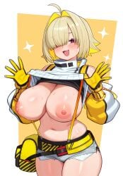 :d elegg_(nikke) embarrassed fang goddess_of_victory:_nikke huge_areolae huge_breasts huge_nipples looking_at_viewer moursho nervous_smile nervous_sweat nipples plump smile sparkles sweat sweatdrop