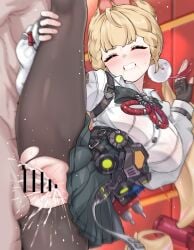 1boy :o absurdres alice_thymefield animal_ears bar_censor black_skirt blonde_hair blush breasts censored clenched_teeth cum cum_overflow daram_(shappydude) female fingerless_gloves gloves hand_on_own_leg highres indoors large_breasts long_hair md5_mismatch orange_eyes pantyhose penis pleated_skirt sex shirt skirt split standing standing_on_one_leg standing_sex standing_split straight sweat teeth torn_clothes torn_pantyhose vaginal_penetration white_shirt zenless_zone_zero