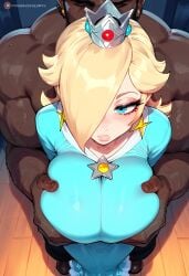 1boy 1girls ai_generated big_breasts blonde_hair blue_dress blue_eyes breasts breasts_grab clothed_female_nude_male clothing crown dark-skinned_male dark_skin dominant_male duo ear_piercing enormous_breasts female gigantic_breasts grabbing_breasts hands_on_breasts huge_breasts human human_on_human indoors interracial large_breasts light_skin light_skinned_female looking_at_viewer male male/female mario_(series) mature mature_female mature_male nintendo nude nude_male nude_male_clothed_female princess princess_rosalina royalty squeezing_breast straight submissive_female super_mario_bros. unseen_male_face voluptuous voluptuous_female zawuardo
