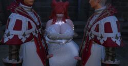 2boys1girl bride chubby cock_out dubious_consent final_fantasy_xiv huge_breasts pale_skin priest red_eyes red_hair tattoo threesome viera wedding_dress