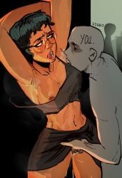 1boy 1girls adeniz armpit_fetish armpit_licking armpits black_hair blush dialogue female fingering fingering_partner glasses licking_armpit male oc open_mouth original original_character short_hair smell stinky sweat sweating sweaty text