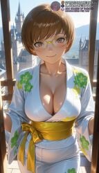 1girls ai_generated architecture atlus blush breasts brown_eyes brown_hair castle cleavage closed_mouth collarbone cowboy_shot day doorway east_asian_architecture female floral_print glasses japanese_clothes kimono large_breasts lips long_sleeves looking_at_viewer meitabuu obi outdoors persona persona_4 pov_doorway print_kimono sash satonaka_chie short_hair sky smile solo standing white_kimono wide_sleeves yellow-framed_eyewear yellow_sash yukata