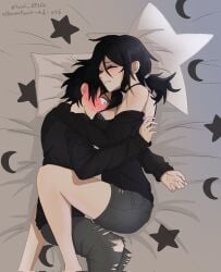 1boy 1girls 2d andrew_graves ashley_graves bed black_hair blush bra breasts brother brother_and_sister cleavage closed_eyes clothed cuddling embrace face_in_breasts female green_eyes hug hugging incest legs_around_partner lying lying_in_bed lying_on_side male overwhelmed ponytail siblings sister sleeping soul_dt360 straight sweat sweating the_coffin_of_andy_and_leyley