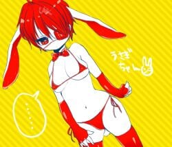 alternate_costume bikini bowtie bunny_ears bunny_tail dutch_angle eye_patch female female_only fingerless_gloves genderswap_(mtf) gintama gloves looking_at_viewer medium_breasts micro_bikini nipple_bulge playboy_bunny restricted_palette rule_63 sayume short_hair solo swimsuit takasugi_shinsuke thighhighs underboob very_short_hair wide_hips yellow_background