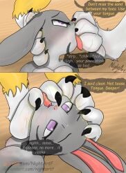 absurd_res bandai_namco canid canine comic dialogue digimon digimon_(species) dirty dirty_feet disney dominant duo english_text feet female foot_fetish foot_in_mouth foot_on_face foot_suck fox hi_res judy_hopps lagomorph leporid licking mammal nightartf paws rabbit renamon sucking text toe_in_mouth toe_suck toes tongue zootopia