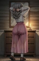 ai_generated ass ass_focus back_view big_ass curly_hair fear_and_hunger fear_and_hunger:_termina gray_eyes gray_hair grey_eyes grey_hair marina_(fear_and_hunger) mrnails pleated_skirt rear_view ribbon see-through see-through_clothing shoes simple_background skirt socks solo solo_focus trans_woman white_shirt white_socks
