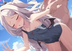 1boy blue_archive blush breasts closed_eyes female fujieda_uzuki hair_ornament hina_(blue_archive) hina_(swimsuit)_(blue_archive) horns long_hair low_wings nipples one-piece_swimsuit open_mouth school_swimsuit sex sex_from_behind small_breasts straight swimsuit whistle whistle_around_neck white_hair wings