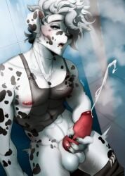 ahe_gao anthro athletic_wear balls bodily_fluids canid canine canis cum cumshot dalmatian domestic_dog ejaculation fluffy fluffy_hair fushha genital_fluids genitals gym gym_shower hair hi_res jackthedalmatian looking_pleasured male mammal masturbation muscular muscular_male nipple_piercing nipples piercing public public_nudity solo solo_focus