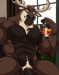 abs absurd_res alcohol anthro antlers beverage biceps big_pecs chest_tuft container cup darknaigart deer genitals glass glass_container glass_cup hi_res horn humanoid_hands looking_at_viewer male mammal muscular muscular_anthro muscular_male nipples pecs penis pubes solo tuft