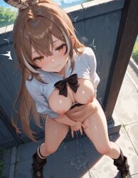 1girls ai_generated blush breasts_out brown_hair female_masturbation hair_feathers hololive hololive_english large_breasts long_hair masturbation nanashi_mumei nipples public_nudity pussy pussy_juice pussy_juice_drip thighs virtual_youtuber yellow_eyes