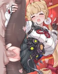 1boy :o absurdres alice_thymefield animal_ears black_skirt blonde_hair blush breasts closed_eyes commentary_request daram_(shappydude) female fingerless_gloves gloves hand_on_own_leg highres indoors korean_commentary large_breasts large_variant_set long_hair orange_eyes pantyhose penis pleated_skirt revision sex shirt skirt split standing standing_on_one_leg standing_sex standing_split straight sweat torn_clothes torn_pantyhose uncensored vaginal_penetration variant_set white_shirt zenless_zone_zero