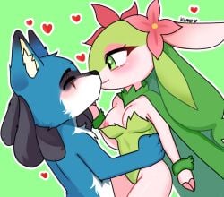 anthro blue_body blue_fur breasts canid canine chibi closed_eyes deer duo fakemon faunazon female flower fur generation_4_pokemon happy heart_symbol hooves husky_lucario interspecies kissing kurosita love lucario male male/female mammal medium_breasts nintendo nipples paws plant pokemon pokemon_(species) raise scar size_difference smaller_female