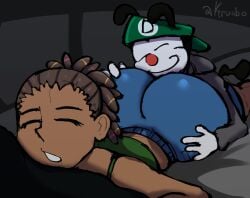 2boys bedroom closed_eyes dakko_(dakkodanth) dakkodanth dark-skinned_male face_on_ass femboy huge_ass jaycee_(triggerman930) jeans_shorts kruabo open_mouth sleeping sleeping_together smile tagme yaoi