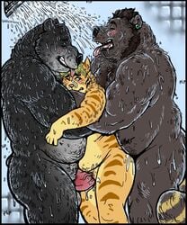 anthro balls bear big_dom_small_sub blush cuntboy erection feline fur furry intersex male overweight penis sandwich_position sex shower size_difference vein wicked1one11