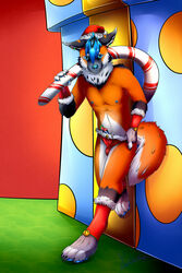 1boy animal_penis anthro artist_name ball_bulge bell blue_eyes blue_hair body_fur candy_cane canine canine_penis christmas christmas_outfit erection fluff fluffy_tail furry genital_piercing gift holidays male male_only maned_wolf nipple_piercing nipple_rings orange_fur panties penis penis_peek penis_piercing piercing prince_albert_piercing santa_hat sleeves smooth_penis solo spotted underwear white_markings yorutime