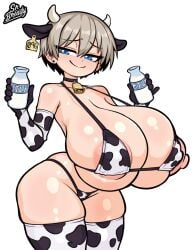 1girls alternate_breast_size animal_ears animal_print areola_slip big_breasts bikini black_choker blue_eyes breasts breasts_bigger_than_head choker cleavage cow_ears cow_horns cow_print cow_print_bikini curvy eyelashes fake_animal_ears female female_focus female_only grin horns huge_breasts jewelry large_breasts looking_at_viewer micro_bikini navel nipples pale-skinned_female pale_skin print_bikini shiny_skin short_hair smile solo srbready standing swimsuit thick_thighs thighs underboob uzaki-chan_wa_asobitai! uzaki_hana white_hair wide_hips