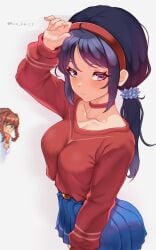 2girls arms_up artist_name blue_eyes blue_hair blush brown_hair choker collarbone crazy_mita_(miside) crossover doki_doki_literature_club eyebrows_visible_through_hair glitch green_eyes hand_on_own_head headband highres kun_kaiss looking looking_at_viewer medium_breasts miside mita_(miside) monika_(doki_doki_literature_club) red_sweater shrug_(clothing) skirt smiling_at_viewer surprised_expression twintails white_background