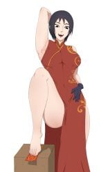 absurdres barefoot black_eyes black_hair boruto:_naruto_next_generations china_dress chinese_clothes dress feet female foot_fetish foot_focus fuhuo_chi_xiao_ye highres kurotsuchi medium_hair naruto naruto_(series) no_panties open_mouth toes