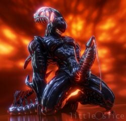 3d alien alien_(franchise) bodily_fluids digital_drawing_(artwork) digital_media_(artwork) erection genital_fluids hi_res kneeling knot littleslice-sfm male male_xenomorph precum solo tail teeth xenomorph