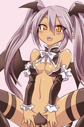 :d blush bow convenient_censoring dark_skin demon_girl demon_tail demon_wings fangs head_wings highres kobayashi_tetsuya long_hair open_mouth purple_hair pussy smile spread_legs spread_pussy squatting succubus tail tied_hair twintails wings yellow_eyes