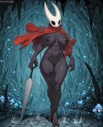 ai_generated anthro black_body black_eyes breasts cape casual_nudity claws empty_eyes exhibitionism female female_only genitals hollow_knight hornet_(hollow_knight) muscular muscular_female nipples nude pussy solo standing thick_thighs weapon