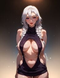 ai_generated cleavage fr34ky huge_breasts jujutsu_kaisen mature_female mei_mei_(jujutsu_kaisen) navel sweater virgin_killer_sweater white_hair