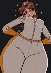 1girls alternate_version_available armasdraws big_thighs blue_eyes bodysuit breasts brown_hair clothing female female_focus female_only low-angle_view mario_(series) mario_kart motorcycle_suit princess_daisy thick_thighs thighs underboob zipper