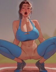 ai_generated breasts brown_hair eyumyum large_breasts lipstick milf navel open_mouth ponytail pussy shoes stable_diffusion sweat workout