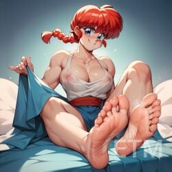 ai_generated big_breasts clothing foot_fetish footjob medium_breasts ranma-chan ranma_1/2 shorts sweaty_feet