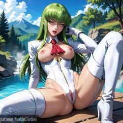 ai_generated breasts_out c.c. code_geass exposed_breasts exposed_pussy female green_hair large_breasts patreon_exclusive patreon_link pussy sitting solo solo_focus spread_legs waifudieties yellow_eyes