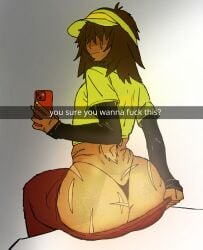 1boy caption crop_top deltarune english_text femboy femboy_only hair_covering_eyes kris_(deltarune) male male_only no_eyes panties pants_pull pants_pulled_down parkretura scars scars_all_over text thebushmenace undertale undertale_au varmixtale visor visor_cap xamirisk