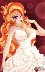 1girls april_(muffinknight) blonde_hair cleavage eyeshadow freckles freckles_all_over freckles_on_breasts freckles_on_face ginger ginger_female heart hourglass_figure large_breasts long_hair looking_at_viewer muffinknight orange_hair pale-skinned_female pale_skin patreon patreon_username purple_eyes strapless_dress streaked_hair tattoo tattoo_on_face valentine's_day wedding_band wedding_dress wedding_ring white_dress wide_hips wink winking winking_at_viewer