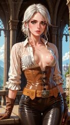 ai_generated breasts breasts_out ciri female freckles green_eyes light-skinned_female looking_at_viewer mascara nipples scar solo stillafeetlover the_witcher_(series) the_witcher_3:_wild_hunt white_hair