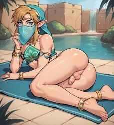 1boy 1femboy 2d ai_generated androgynous anus ass balls big_ass blonde_hair blue_eyes bottomless bubble_butt circlet curvy earrings femboy femboy_only feminine_male flat_chest fremorg gerudo_link gerudo_outfit gerudo_veil hylian hylian_ears large_ass laying_down laying_on_side light-skinned_male light_skin link link_(breath_of_the_wild) mouth_veil nintendo outdoors partially_clothed penis pointy_ears pose presenting presenting_hindquarters seductive seductive_pose shiny_skin solo solo_male testicles the_legend_of_zelda trap twink wide_hips yaoi