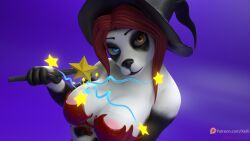 3d anthro areola areola_slip ass bear big_breasts blizzard_entertainment breast_expansion breasts butt_expansion clothing curvy_anthro curvy_figure digital_media_(artwork) expansion female giant_panda hair hat headgear headwear heterochromia hi_res magic magic_user magic_wand mammal pandaren red_hair solo wand warcraft witch witch_costume witch_hat xelli