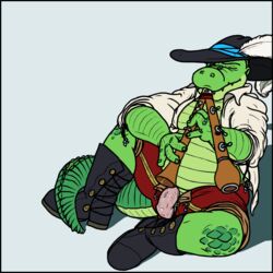 alligator anthro belly bojog boots chubby closed_eyes clothed clothing crocodilian fangs feathers flute half-dressed hat himegoto123 hybrid_musical_instrument male male_only musical_instrument musician oboe penis plain_background playing_music recorder_(musical_instrument) reptile scales scalie teeth unzipped vein woodwind_instrument