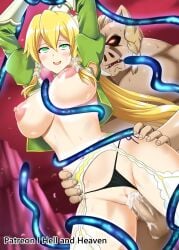 arms_above_head blonde_hair breasts clothes_removed cum cum_inside defeated_heroine eyes_rolling_back female giving_in_to_pleasure happy_sex hellandheaven large_breasts leafa long_hair moaning monster open_clothes orc orc_male penis ponytail rape restrained_by_tentacles sex smile sword_art_online tentacle