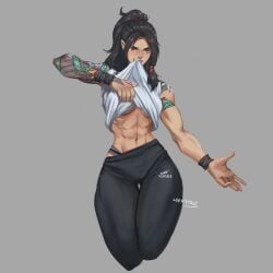 abs biceps black_hair clothed clothes clothing female female_only leekypooart muscular muscular_back muscular_female muscular_thighs oc original original_character orochi_(leekypooart) pants shirt_lift smile smiling sports_bikini tattoos thick_thighs thighs tied_hair wristband