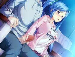 1boy 1girls blue_hair blush censored chair churack_ririela cinema erect! female game_cg handjob long_hair male movie_theater penis piromizu ponytail purple_eyes sitting sitting_on_chair skirt stealth_handjob stealth_sex tied_hair