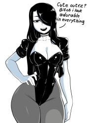 big_breasts big_thighs black_hair dirty_talk nila_(telepurte) original_character theoiledone tight_clothing