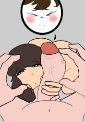 :>= age_difference balls black_hair brown_eyes brown_hair bubble comission female_pervert handjob handjob_while_sucking hazel_eyes huge_ass huge_cock looking_at_partner masked_male milf older_female original original_character original_characters sucking_testicles vacuum_fellatio younger_male