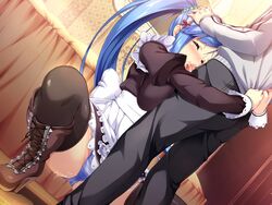 apron black_legwear blue_hair blue_panties blush boots censored churack_ririela closed_eyes cum cum_in_mouth erect! fellatio female game_cg hand_on_head high_heel_boots high_heels long_hair maid maid_headdress oral panties penis piromizu ponytail pussy_juice squatting striped striped_panties thighhighs tied_hair underwear