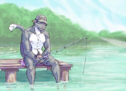 anthro clothing digital_media_(artwork) domestic_cat felid feline felis fishing fishing_rod genitals hat headgear headwear humanoid_genitalia humanoid_penis lavilovi male mammal nipples nude outside penis pubes sitting solo tongue tongue_out water