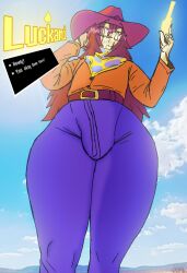 1boy bulge clover_(undertale_yellow) cowboy cowboy_hat desert english_text femboy femboy_only gun long_hair long_haired_femboy looking_at_viewer looking_down luckami lucky male male_only parkretura scars solo solo_focus solo_male text undertale undertale_au undertale_yellow varmixtale