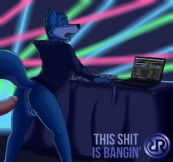 anthro ass balls blue_fur bottomless canine clothes color computer dj fur furry furry_only gay hoodie humanoid_penis humor laptop lasers looking_back male male_only multiple_males nightclub penis pun robbie robbie_(rotten_robbie) rotten_robbie standing text tongue tongue_out turntable wolf