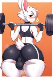 ai_generated balls_in_underwear blush bunny_boy bunny_humanoid bunny_tail femboy fur_tuft huge_ass huge_balls jonnyjonn lifting lifting_weights red_eyes rubes_the_rabbit sweat sweaty thick_thighs thighs white_fur workout workout_clothes