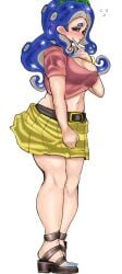 1girls belt big_breasts blue_hair blush breasts brown_eyes cleavage full_body large_breasts lewa_nn long_hair looking_at_viewer navel nintendo octoling octoling_girl open_toe_shoes simple_background skirt solo splatoon tentacle_hair white_background yellow_skirt