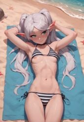 ai_generated bikini eclr elf elf_ears flat_chest frieren frieren_beyond_journey's_end nipple_slip small_breasts sousou_no_frieren striped_bikini twintails white_hair