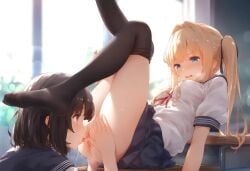 black_hair blonde_female blonde_hair blue_eyes brown_eyes drooling light-skinned_female light_skin long_hair_female only_females pussy_juice pussy_licking school school_uniform schoolgirl short_hair_female student sunlight table unknown_artist yuri